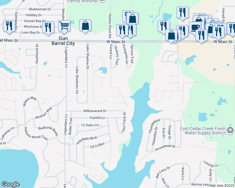 map of restaurants, bars, coffee shops, grocery stores, and more near 110 Redbud Road in Gun Barrel City