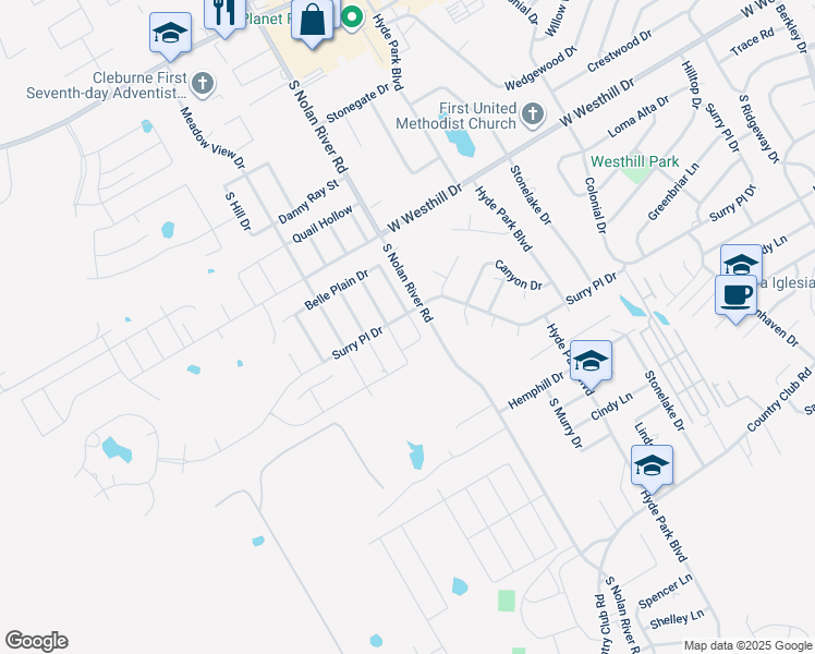 map of restaurants, bars, coffee shops, grocery stores, and more near 901 Chestnut Grove Drive in Cleburne