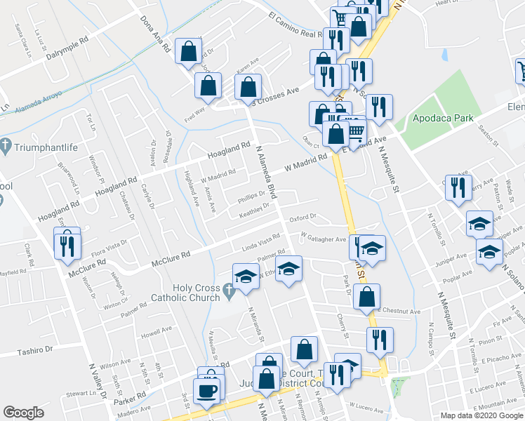 map of restaurants, bars, coffee shops, grocery stores, and more near 315 Keathley Drive in Las Cruces
