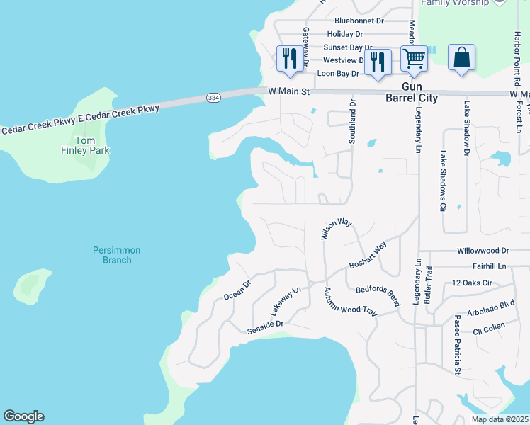 map of restaurants, bars, coffee shops, grocery stores, and more near 142 Island Park Drive in Gun Barrel City