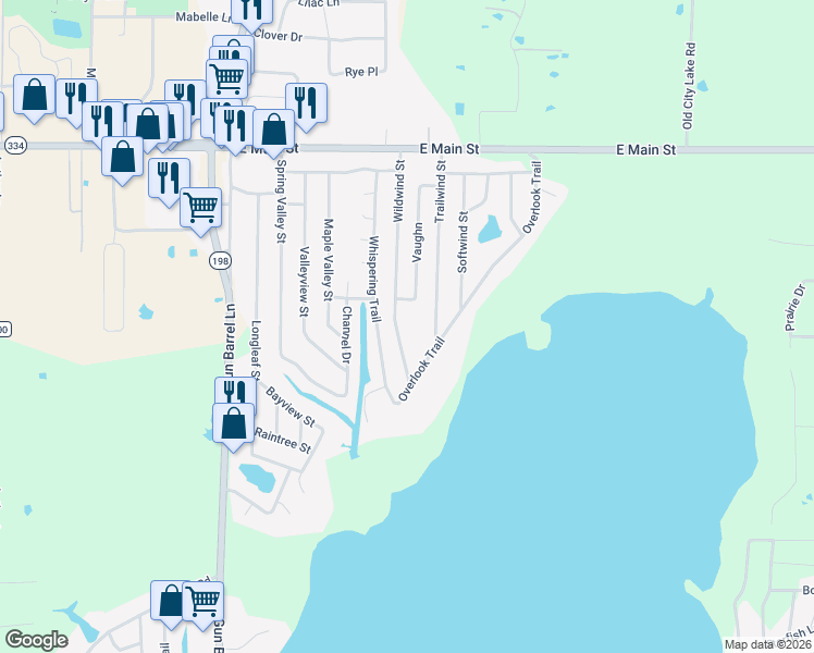 map of restaurants, bars, coffee shops, grocery stores, and more near 171 Wildwind Street in Gun Barrel City