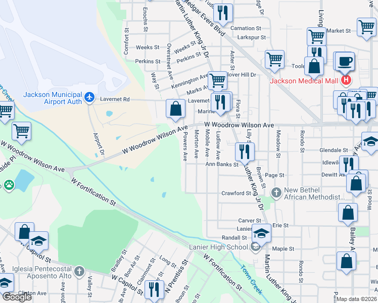 map of restaurants, bars, coffee shops, grocery stores, and more near 2235 Powers Avenue in Jackson