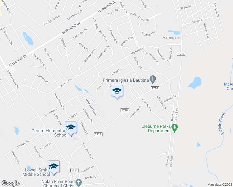 map of restaurants, bars, coffee shops, grocery stores, and more near 1301 Linda Court in Cleburne
