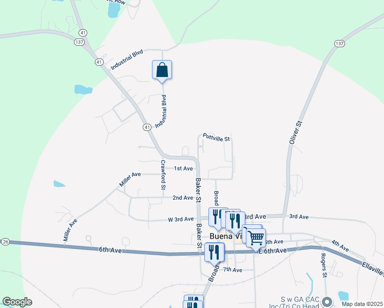 map of restaurants, bars, coffee shops, grocery stores, and more near 301 Puttville Street in Buena Vista