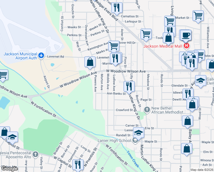 map of restaurants, bars, coffee shops, grocery stores, and more near 2237 Mobile Avenue in Jackson