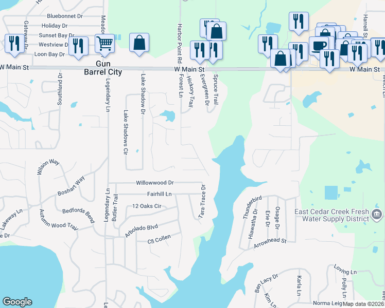 map of restaurants, bars, coffee shops, grocery stores, and more near 110 Redbud Road in Gun Barrel City