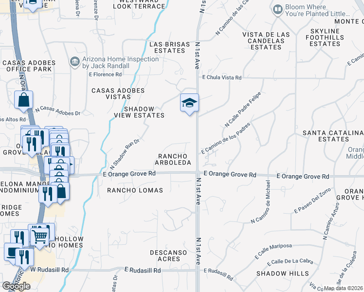 map of restaurants, bars, coffee shops, grocery stores, and more near 6544 North Shadow Bluff Drive in Tucson