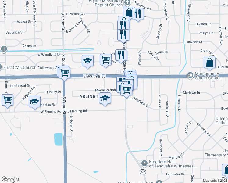 map of restaurants, bars, coffee shops, grocery stores, and more near 260 Martin Patton Avenue in Montgomery