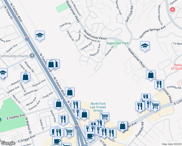 map of restaurants, bars, coffee shops, grocery stores, and more near 3813 Yellowstone Dr in Las Cruces