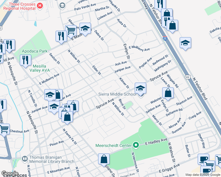 map of restaurants, bars, coffee shops, grocery stores, and more near 1625 Spruce Avenue in Las Cruces