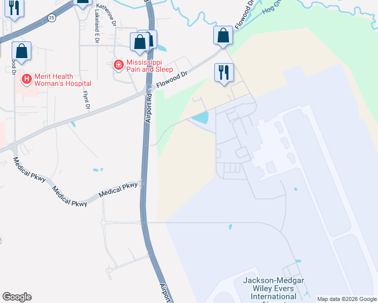 map of restaurants, bars, coffee shops, grocery stores, and more near 173 Military Drive in Jackson