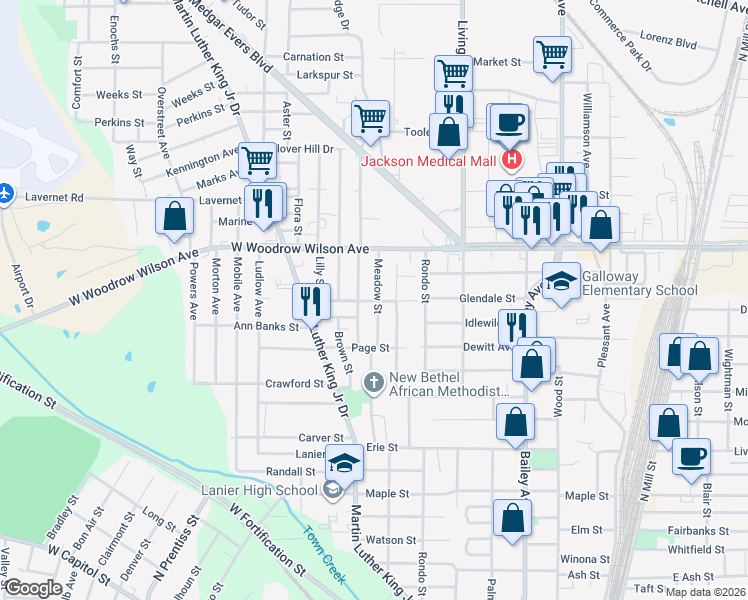 map of restaurants, bars, coffee shops, grocery stores, and more near 708 Spring Avenue in Jackson