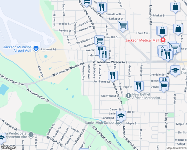 map of restaurants, bars, coffee shops, grocery stores, and more near 2237 Mobile Avenue in Jackson