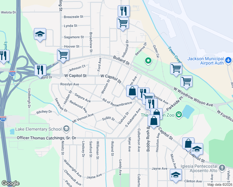 map of restaurants, bars, coffee shops, grocery stores, and more near 170 Beverly Circle in Jackson
