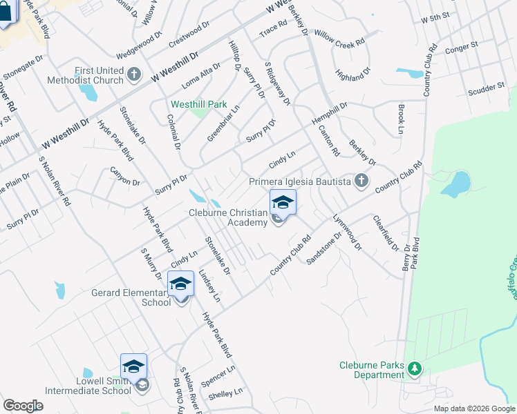 map of restaurants, bars, coffee shops, grocery stores, and more near 1307 Bradley Court in Cleburne