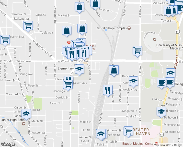 map of restaurants, bars, coffee shops, grocery stores, and more near 187 Glendale Street in Jackson
