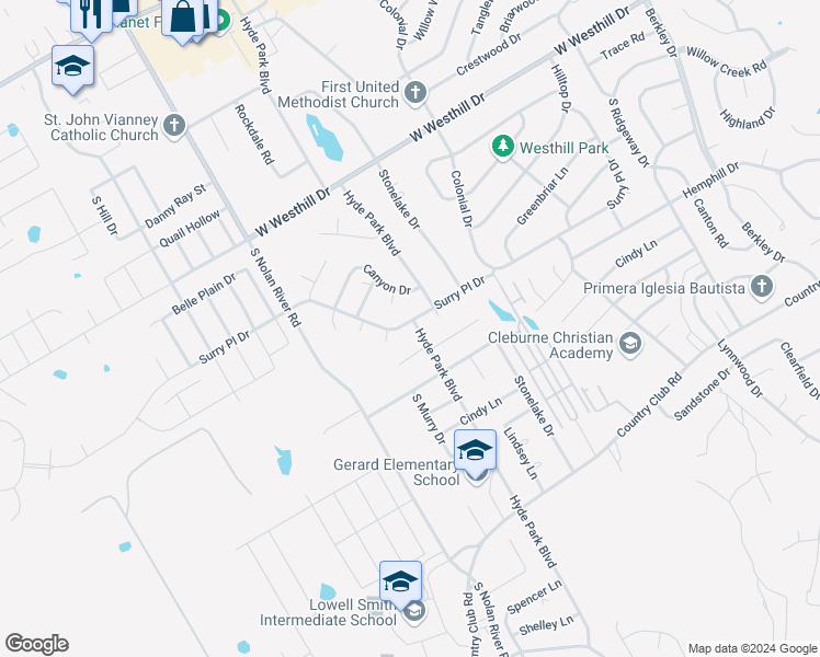 map of restaurants, bars, coffee shops, grocery stores, and more near 1509 Surry Place Drive in Cleburne