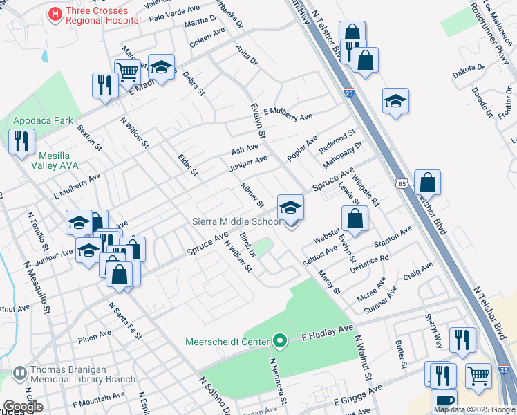 map of restaurants, bars, coffee shops, grocery stores, and more near 1321 Kilmer Street in Las Cruces
