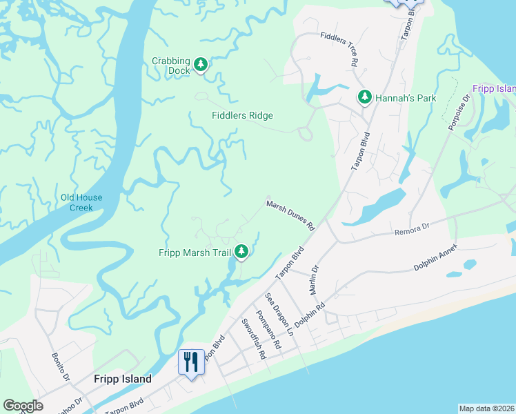 map of restaurants, bars, coffee shops, grocery stores, and more near 831 Marsh Dunes Road in Saint Helena Island