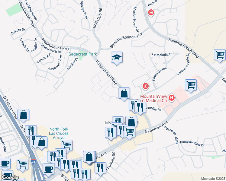 map of restaurants, bars, coffee shops, grocery stores, and more near 151 Roadrunner Parkway in Las Cruces