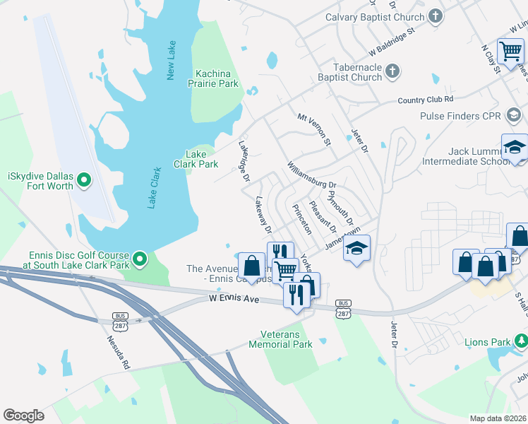 map of restaurants, bars, coffee shops, grocery stores, and more near 1002 Lakeway Drive in Ennis