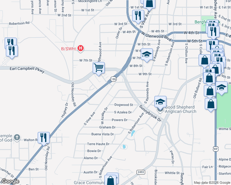 map of restaurants, bars, coffee shops, grocery stores, and more near 2317 West Azalea Drive in Tyler