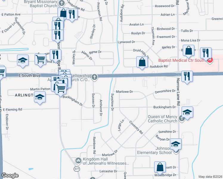 map of restaurants, bars, coffee shops, grocery stores, and more near 4226 Sunshine Drive in Montgomery