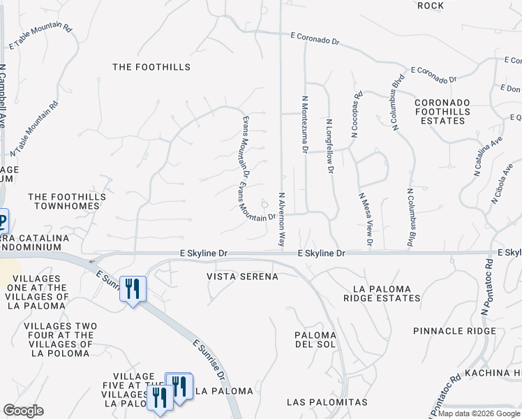 map of restaurants, bars, coffee shops, grocery stores, and more near 6529 North Burro Creek Place in Tucson