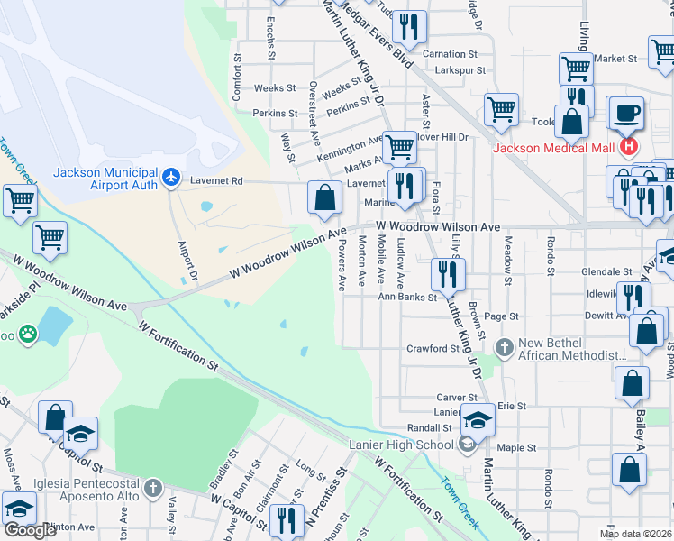map of restaurants, bars, coffee shops, grocery stores, and more near 2235 Powers Avenue in Jackson