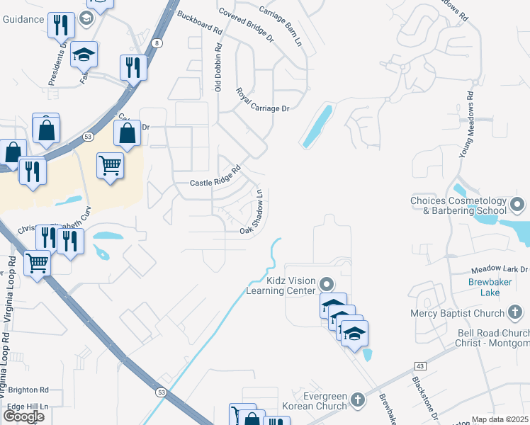 map of restaurants, bars, coffee shops, grocery stores, and more near 3609 Oak Shadow Lane in Montgomery