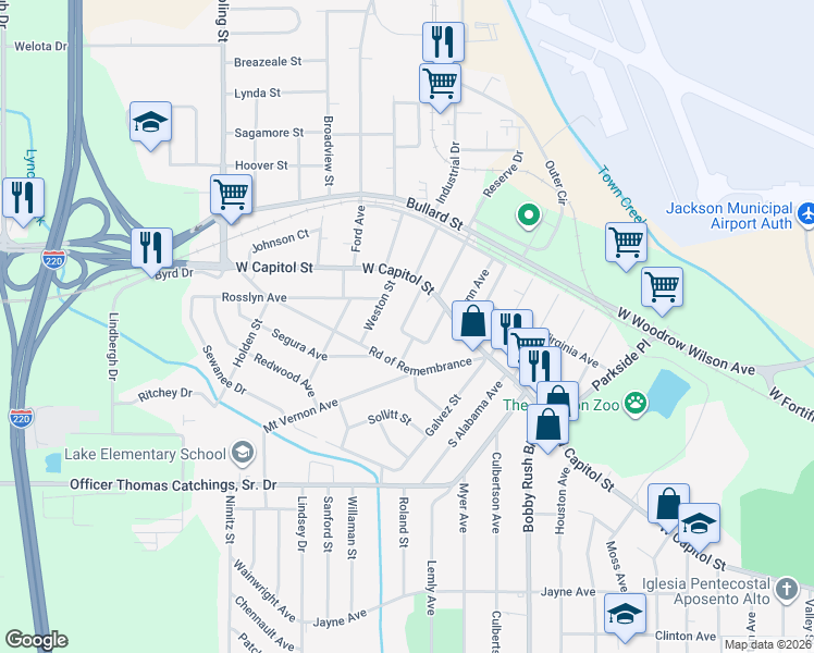 map of restaurants, bars, coffee shops, grocery stores, and more near 170 Beverly Circle in Jackson