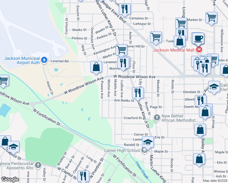 map of restaurants, bars, coffee shops, grocery stores, and more near 2237 Mobile Avenue in Jackson