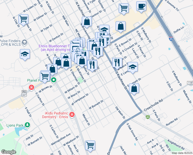 map of restaurants, bars, coffee shops, grocery stores, and more near 403 Farm to Market Road 1183 in Ennis