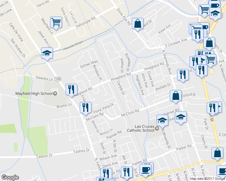 map of restaurants, bars, coffee shops, grocery stores, and more near 1936 Chateau Drive in Las Cruces