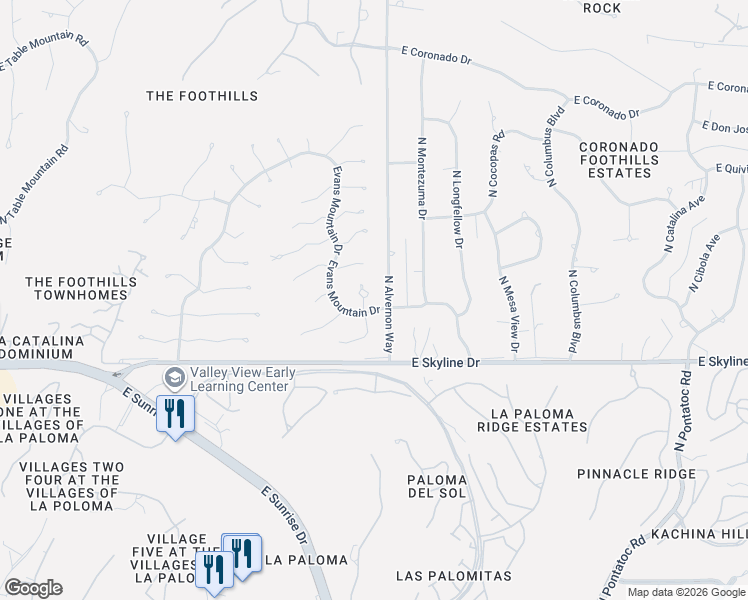 map of restaurants, bars, coffee shops, grocery stores, and more near 6520 North Alvernon Way in Tucson