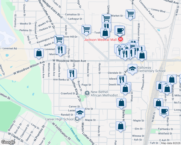 map of restaurants, bars, coffee shops, grocery stores, and more near 603 Spring Avenue in Jackson