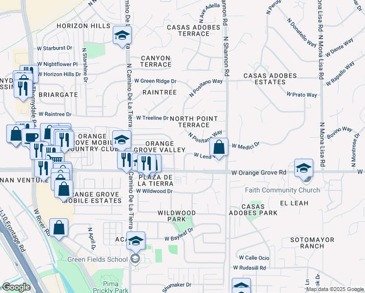 map of restaurants, bars, coffee shops, grocery stores, and more near 6487 North Lena Way in Tucson