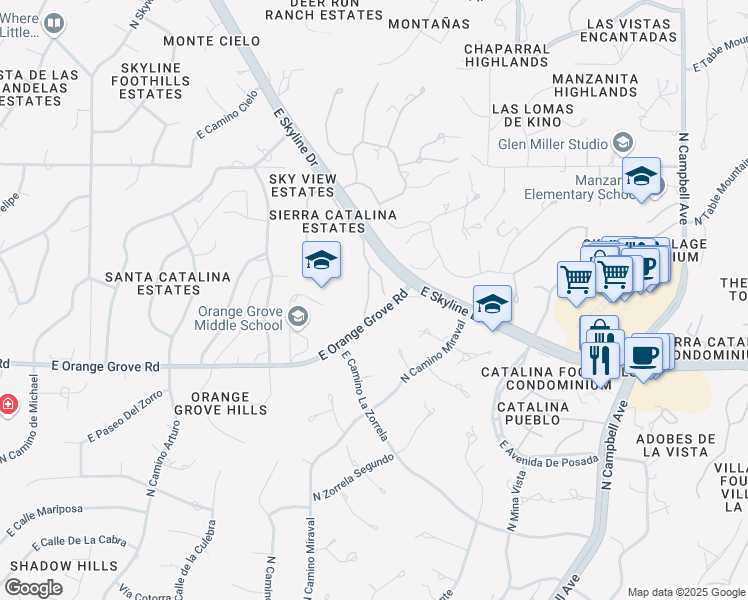 map of restaurants, bars, coffee shops, grocery stores, and more near 6538 North Calle Sin Nombre in Tucson