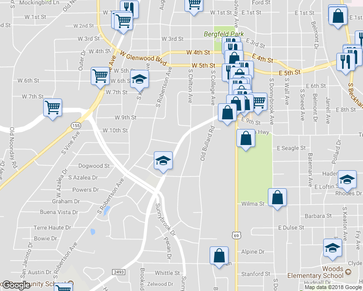 map of restaurants, bars, coffee shops, grocery stores, and more near 2230 Old Jacksonville Highway in Tyler
