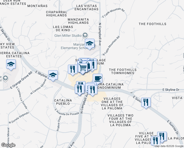 map of restaurants, bars, coffee shops, grocery stores, and more near 2995 East Skyline Drive in Tucson