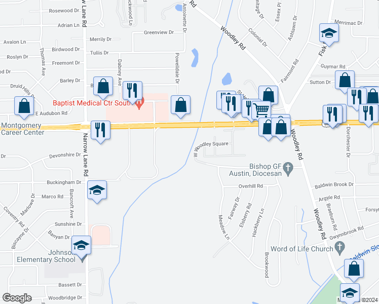 map of restaurants, bars, coffee shops, grocery stores, and more near 2211 West Woodley Square in Montgomery
