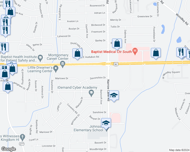 map of restaurants, bars, coffee shops, grocery stores, and more near 1353 Devonshire Drive in Montgomery