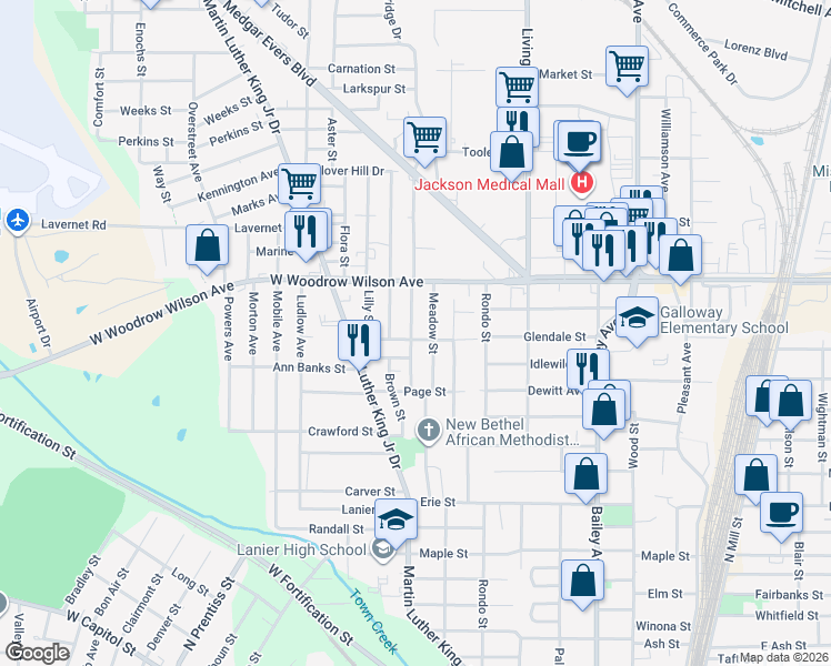 map of restaurants, bars, coffee shops, grocery stores, and more near 708 Spring Avenue in Jackson
