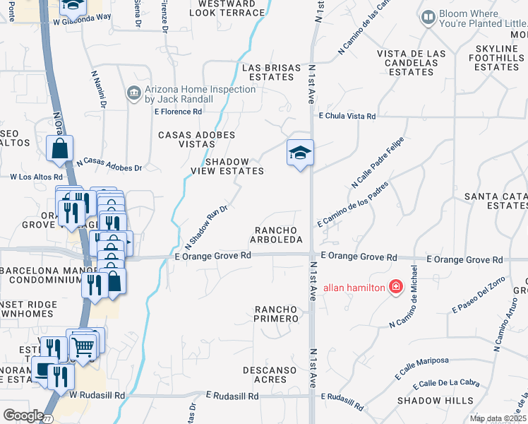 map of restaurants, bars, coffee shops, grocery stores, and more near 6509 North Shadow Bluff Drive in Tucson