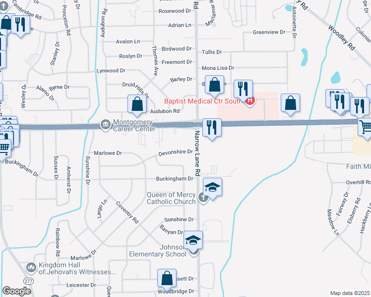 map of restaurants, bars, coffee shops, grocery stores, and more near 1383 Devonshire Drive in Montgomery