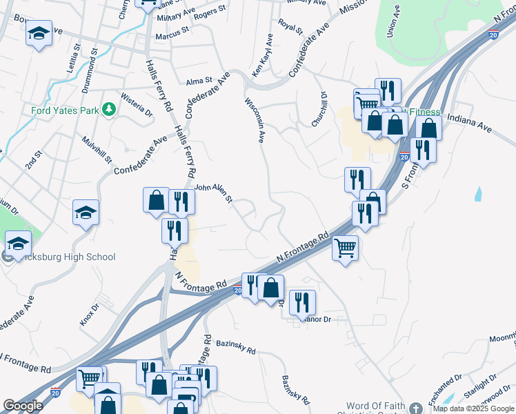 map of restaurants, bars, coffee shops, grocery stores, and more near 215 Harriet Avenue in Vicksburg