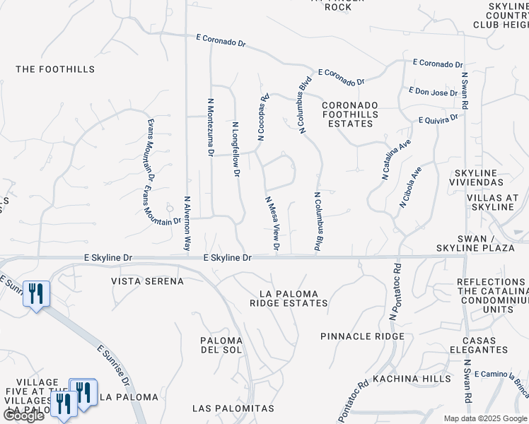 map of restaurants, bars, coffee shops, grocery stores, and more near 6541 North Mesa View Drive in Tucson