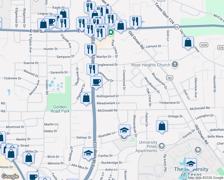 map of restaurants, bars, coffee shops, grocery stores, and more near 2302 Idlewood Dr in Tyler