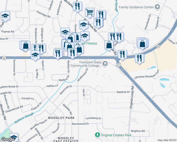 map of restaurants, bars, coffee shops, grocery stores, and more near 4200 Strathmore Drive in Montgomery