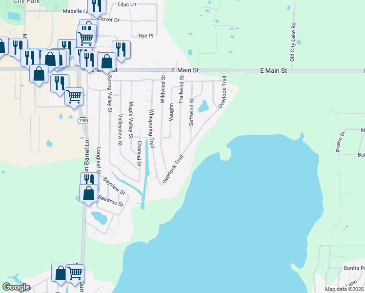 map of restaurants, bars, coffee shops, grocery stores, and more near 308 Trailwind Street in Gun Barrel City
